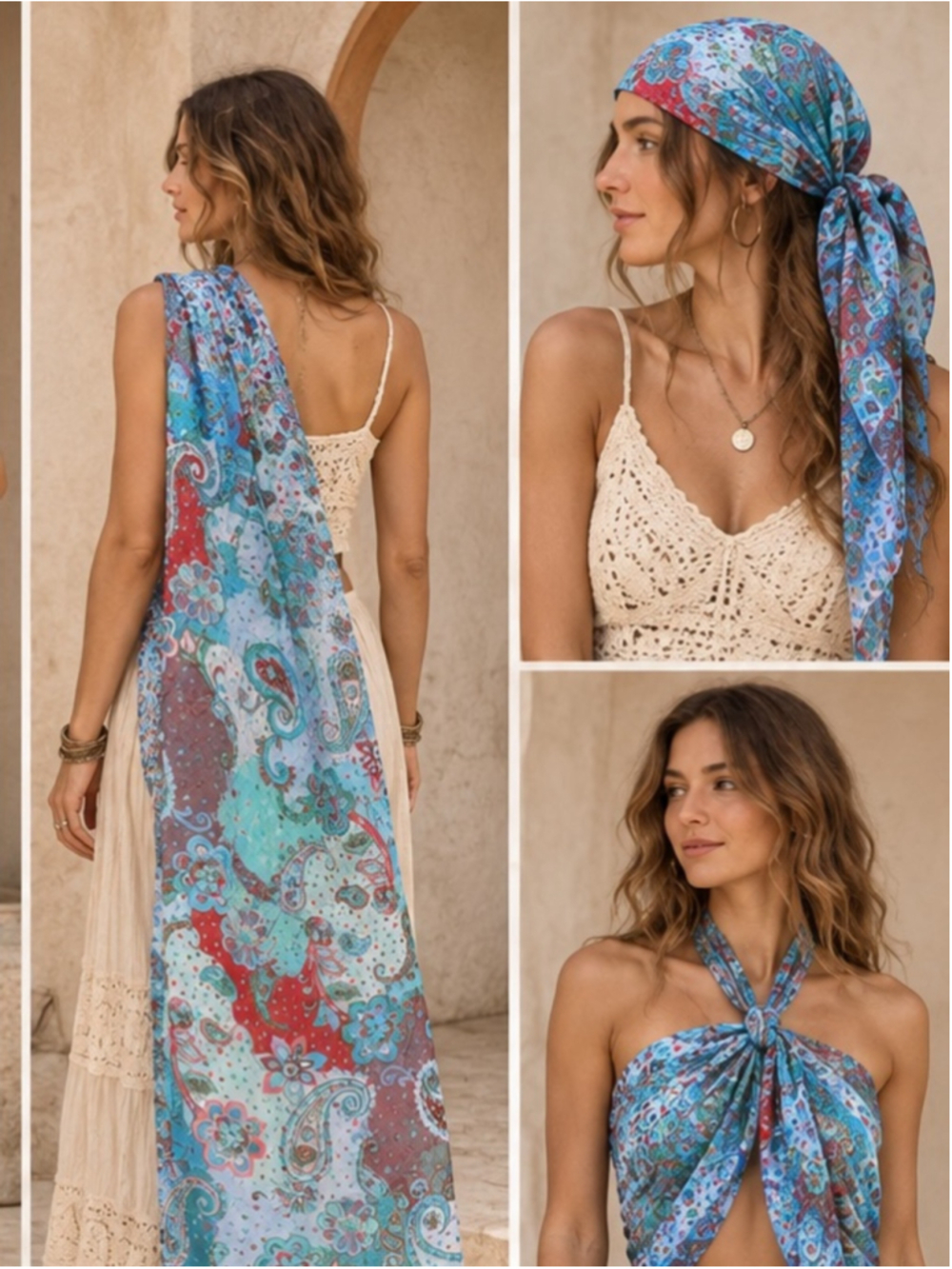 Silk Paisley Floral Scarf Wrap Turquoise Red Boho Lightweight 67” x 25”